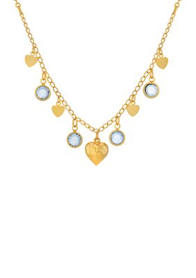 16 Inch Adjustable Gold Tone Light Blue Channels with Hearts Drop Necklace