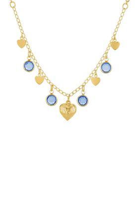 16 Inch Adjustable Gold Tone Dark Blue Channels with Hearts Drop Necklace