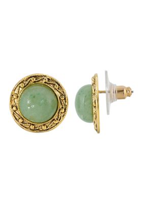 Gold-Tone Round Green Adventurine Button Earrings