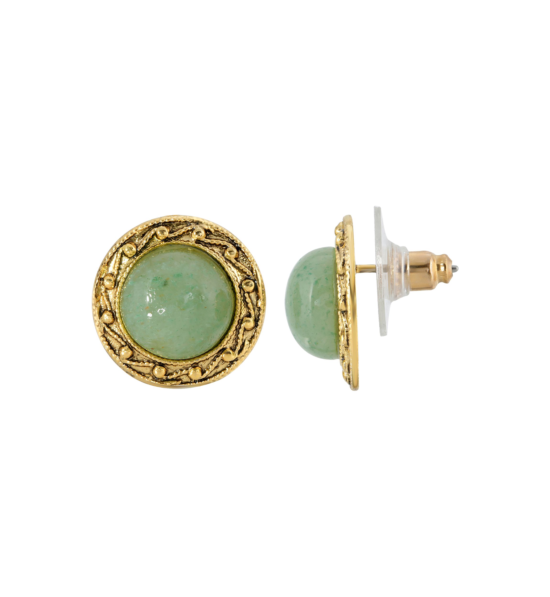 Gold-Tone Round Green Adventurine Button Earrings