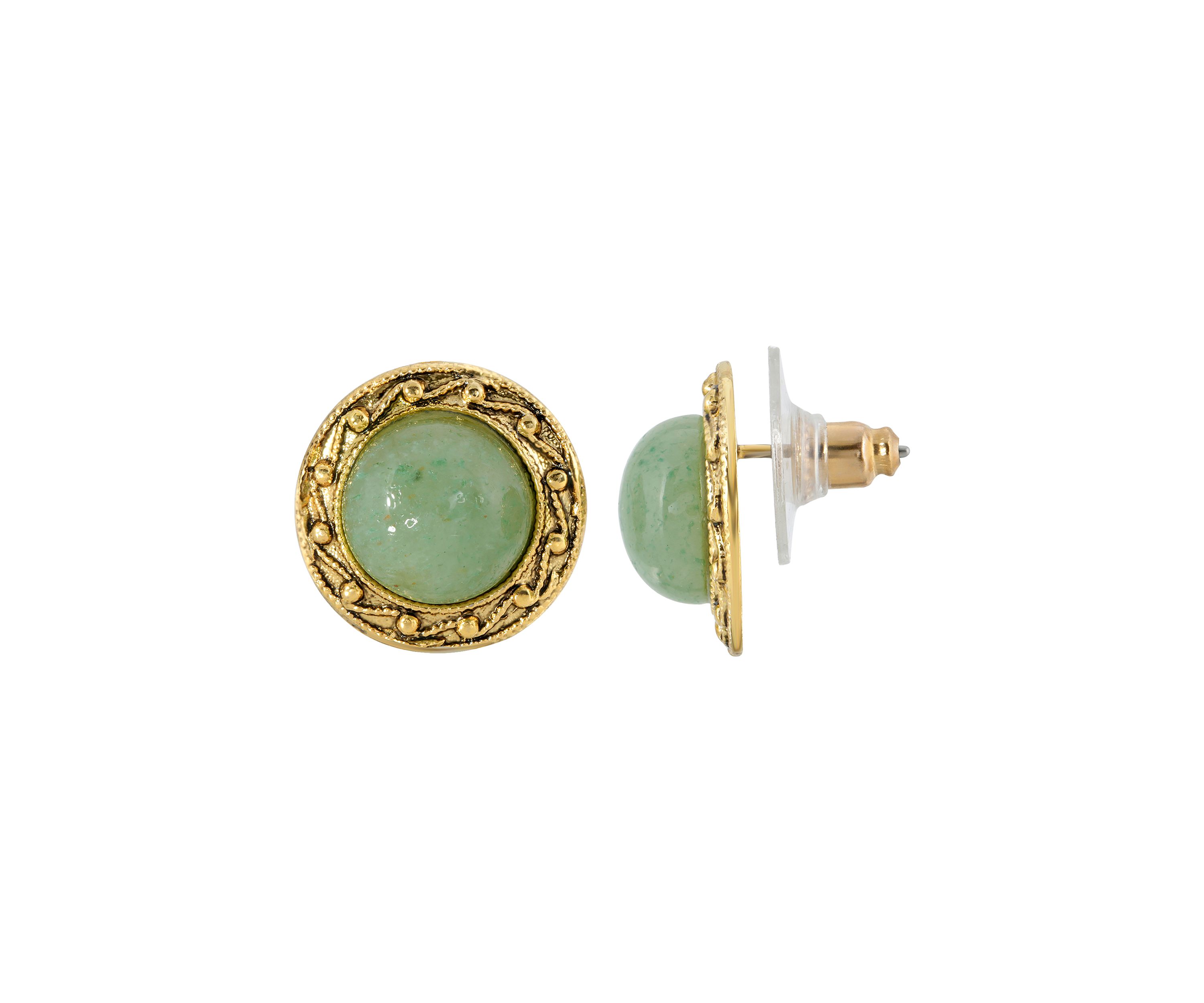 Gold-Tone Round Green Adventurine Button Earrings