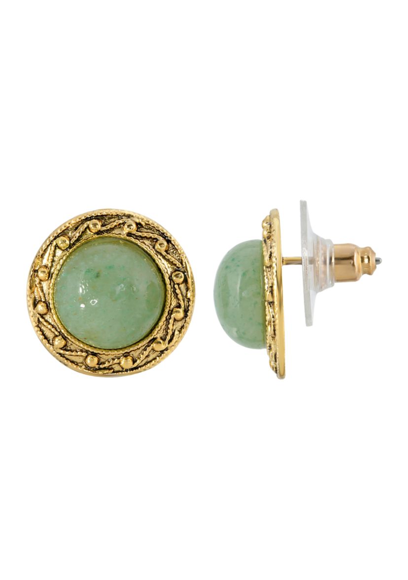 Gold-Tone Round Green Adventurine Button Earrings