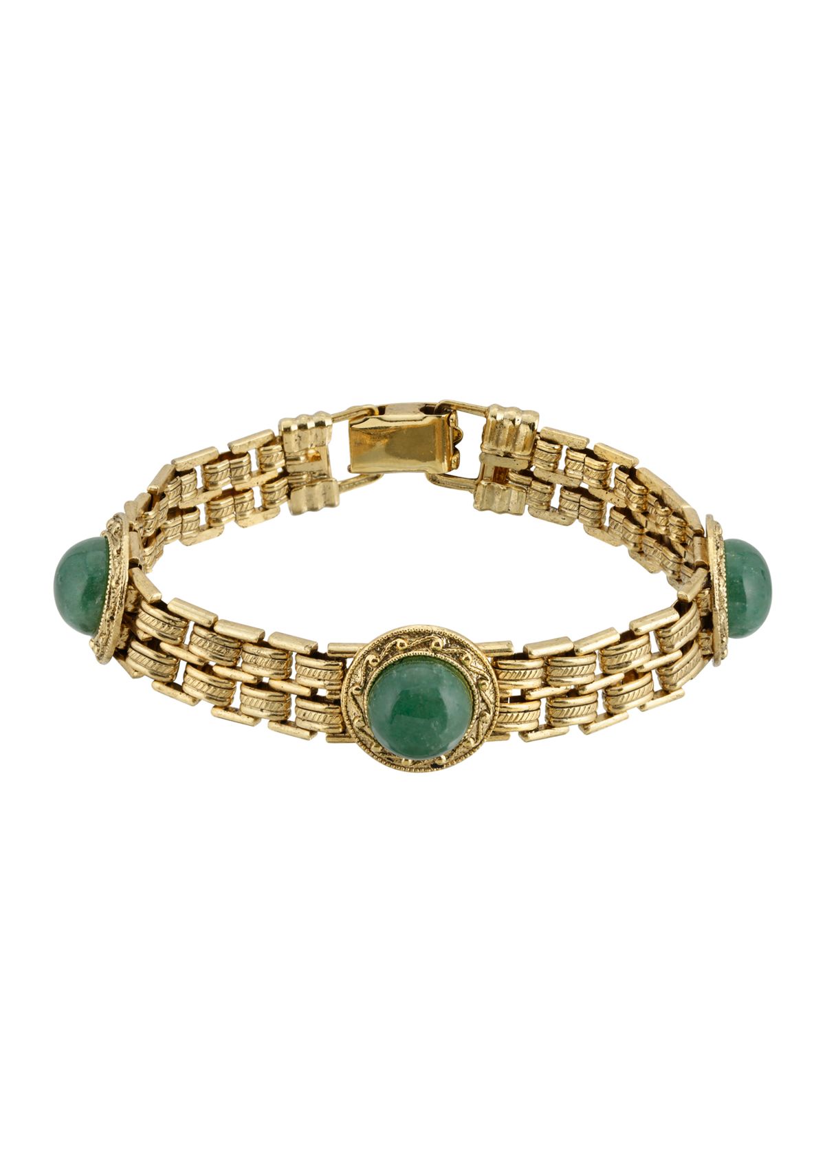 Gold Tone Round Green Adventurine Link Bracelet