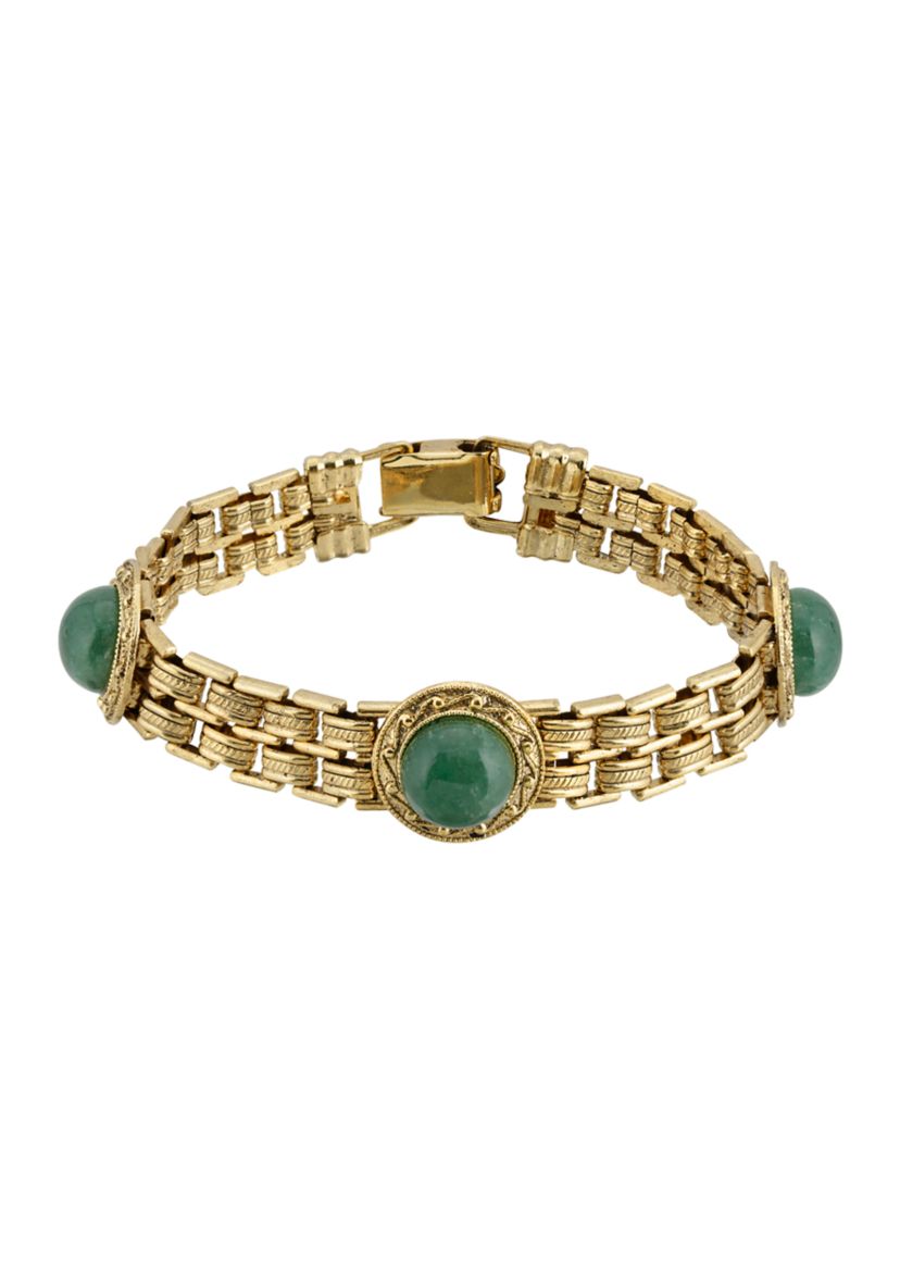 Gold Tone Round Green Adventurine Link Bracelet