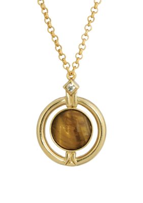 1928 Jewelry 20 Inch Adjustable Gold Tone Round Tiger Eye Stone Necklace, Brown, 15 in