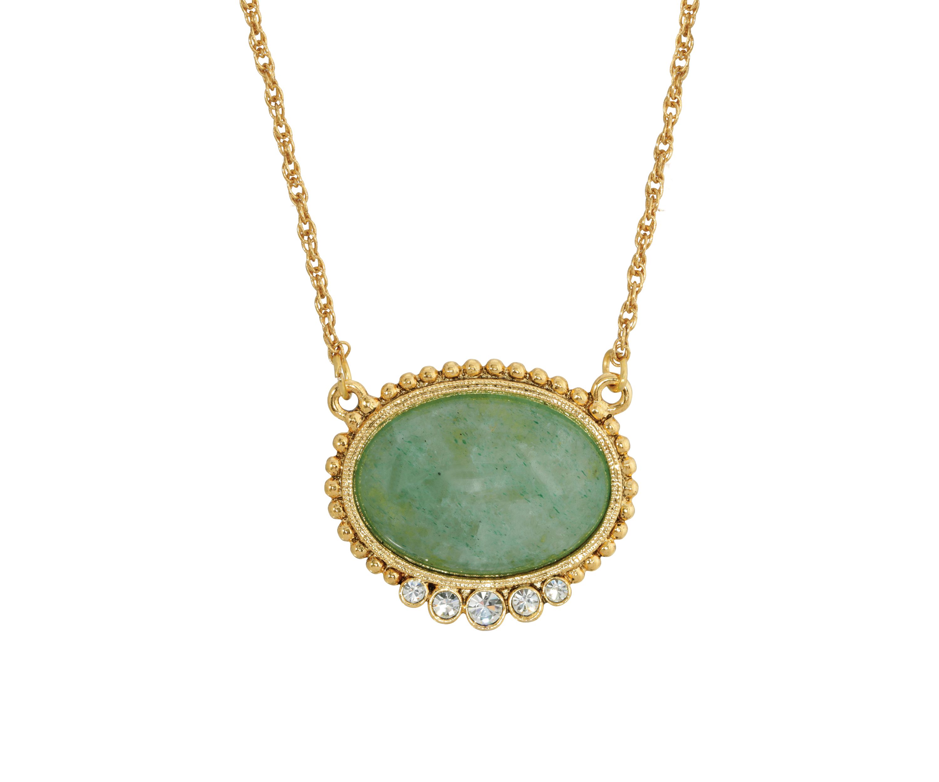 Gold Tone Green Aventurine with Crystals Necklace