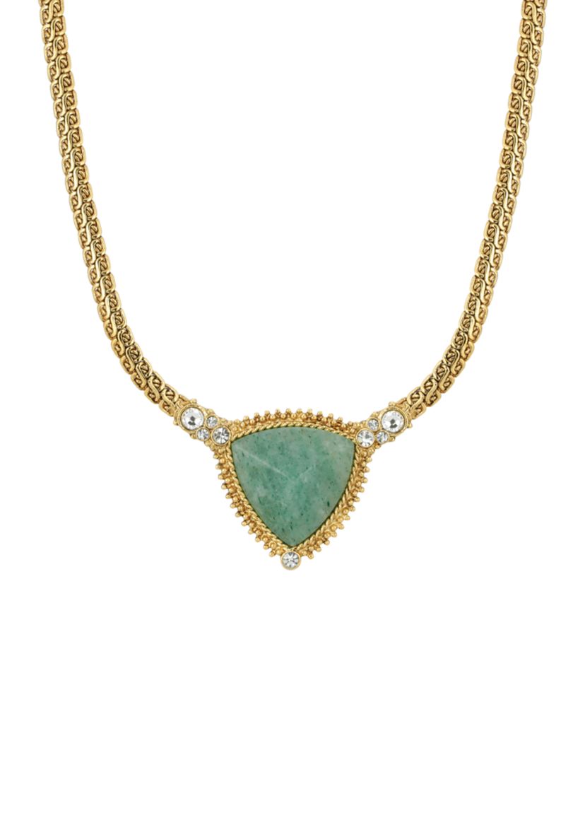 Gold Tone Green Aventurine Triangle Stone Necklace