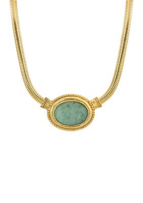 Gold Tone Green Aventurine Oval Stone Necklace