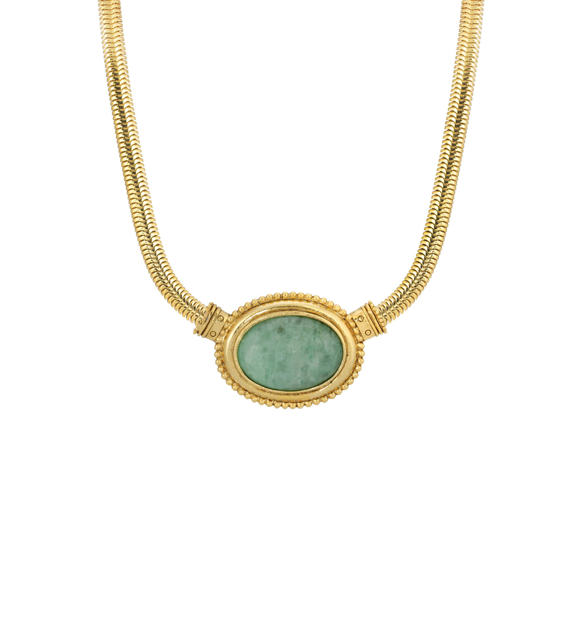 Gold Tone Green Aventurine Oval Stone Necklace