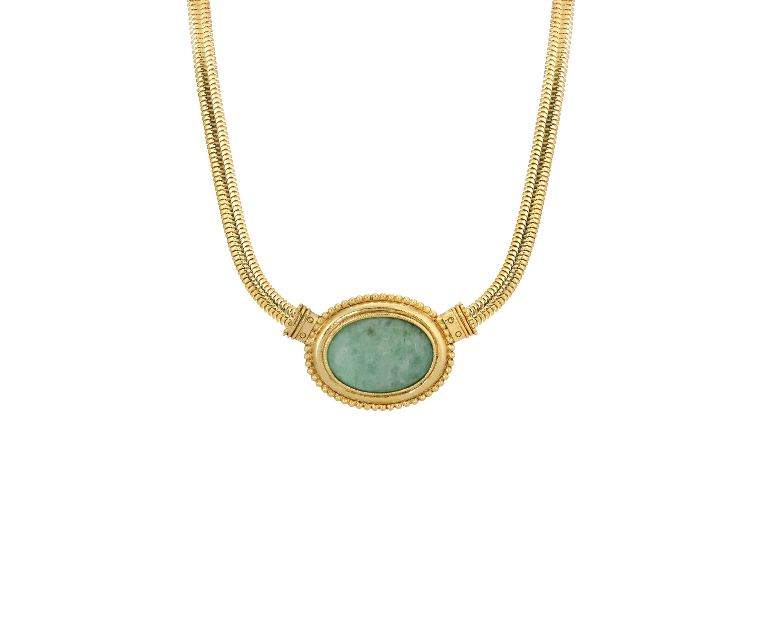 Gold Tone Green Aventurine Oval Stone Necklace