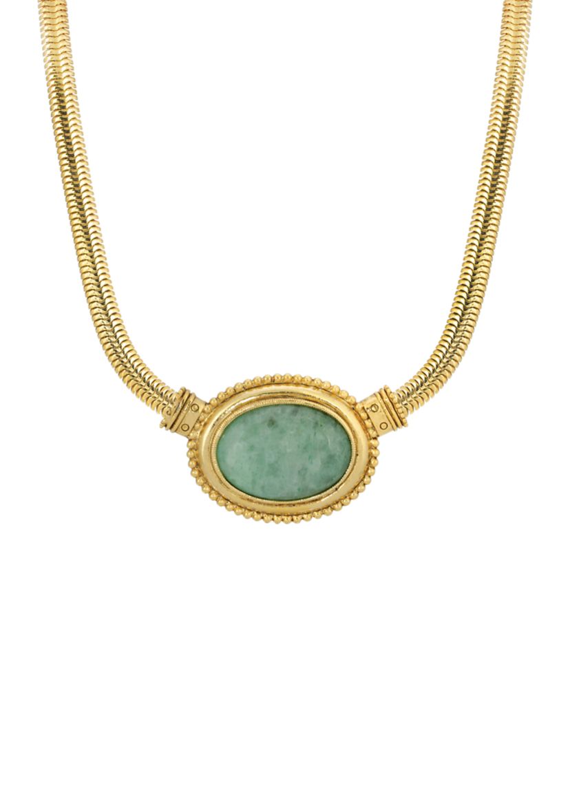 Gold Tone Green Aventurine Oval Stone Necklace