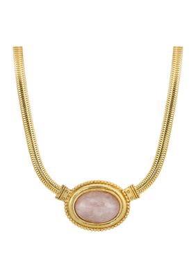 Gold Tone Rose Quartz Oval Stone Necklace