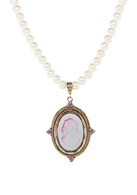 18 Inch Gold Tone Oval Pink Glass Intaglio Cameo Pearl Necklace