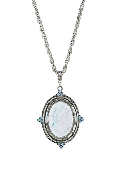 30 Inch Silver Tone Blue Glass Oval Intaglio  With Crystal Accents Necklace