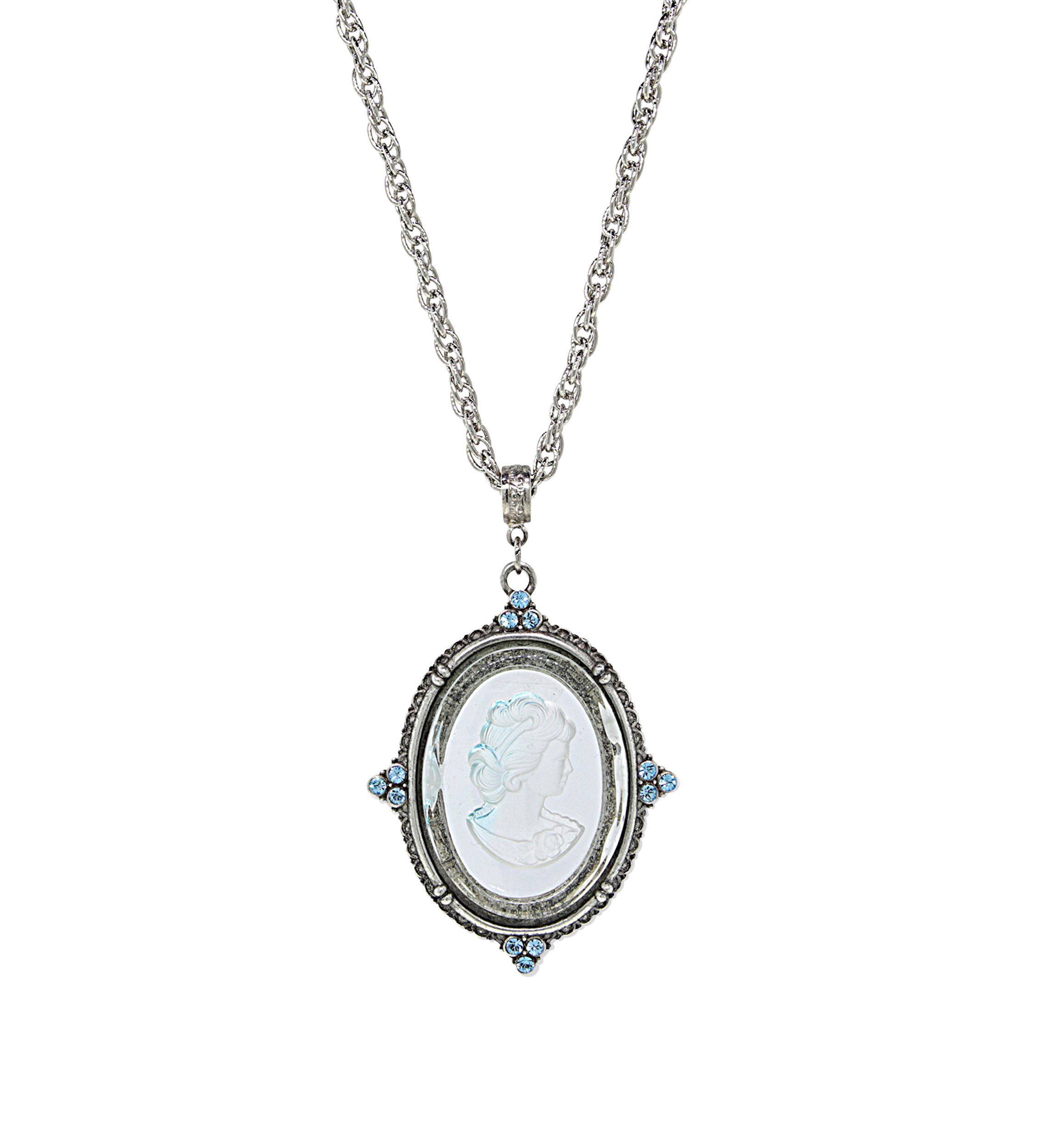 30 Inch Silver Tone Blue Glass Oval Intaglio  With Crystal Accents Necklace