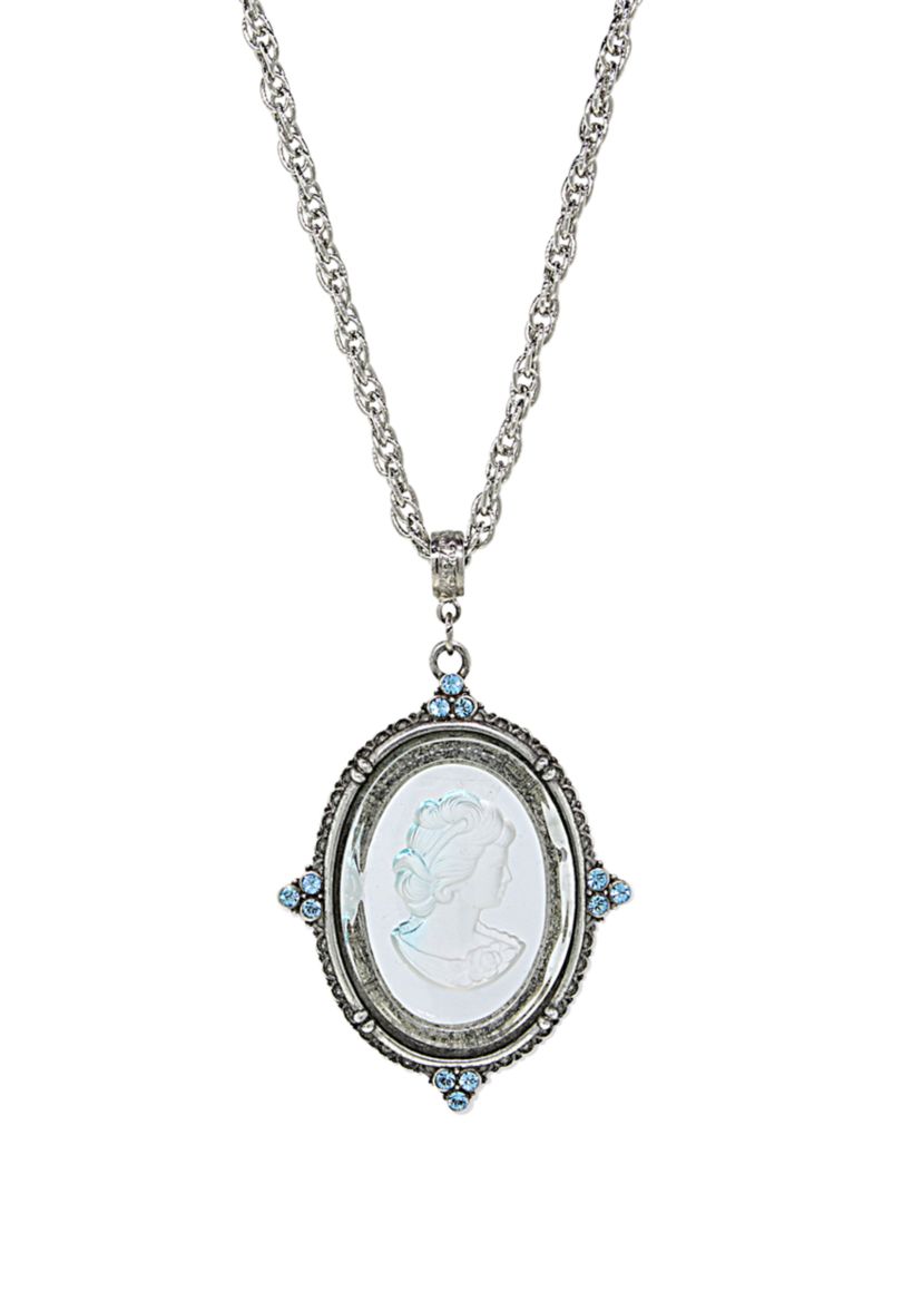 30 Inch Silver Tone Blue Glass Oval Intaglio  With Crystal Accents Necklace