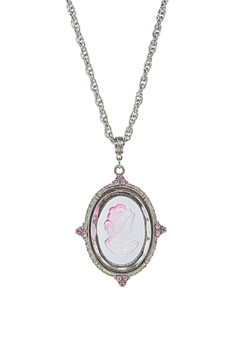 30 Inch Silver Tone Pink Glass Oval Intaglio Cameo Necklace