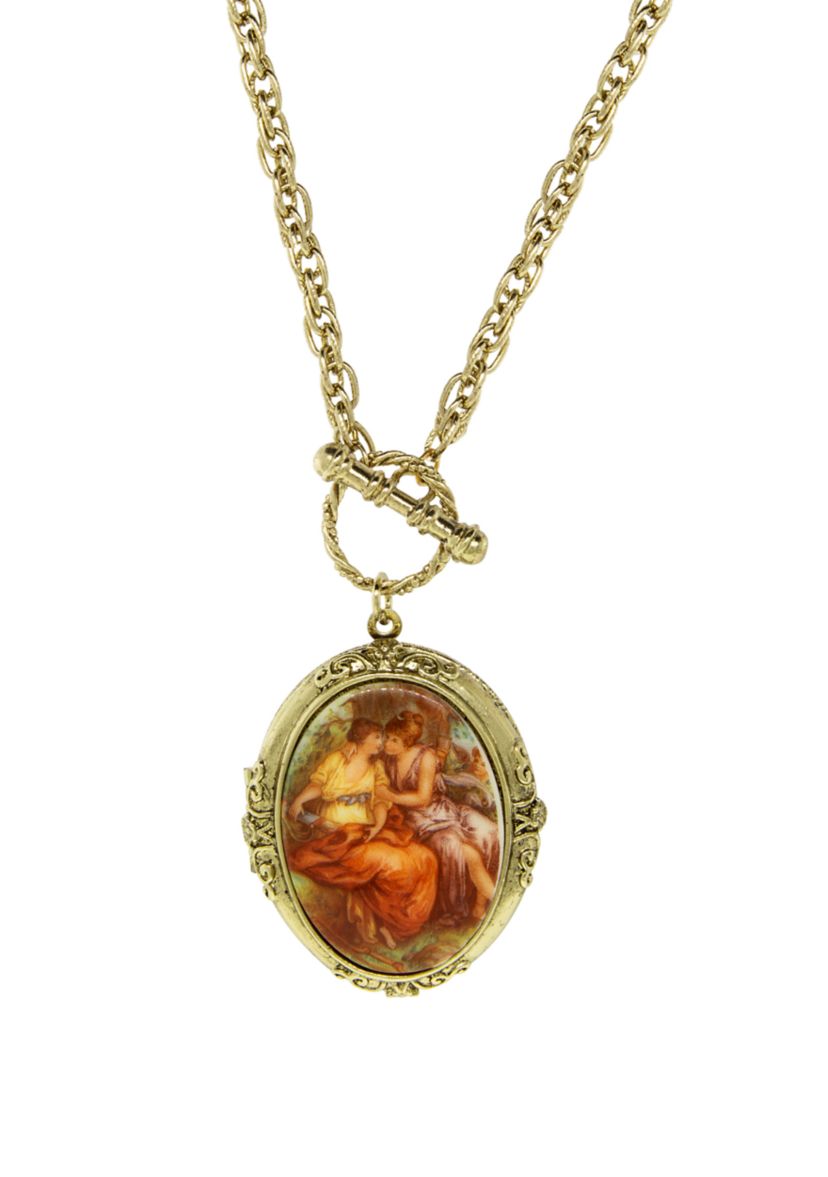 32 Inch Gold Tone Oval Stone Locket Necklace
