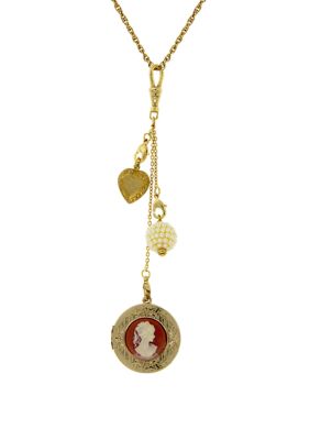 32 Inch Gold Tone Carnelian Cameo Round Locket with Charms Necklace 