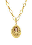 16 Inch Adjustable Gold Tone Carnelian Cameo with Flowers Oval Locket Necklace
