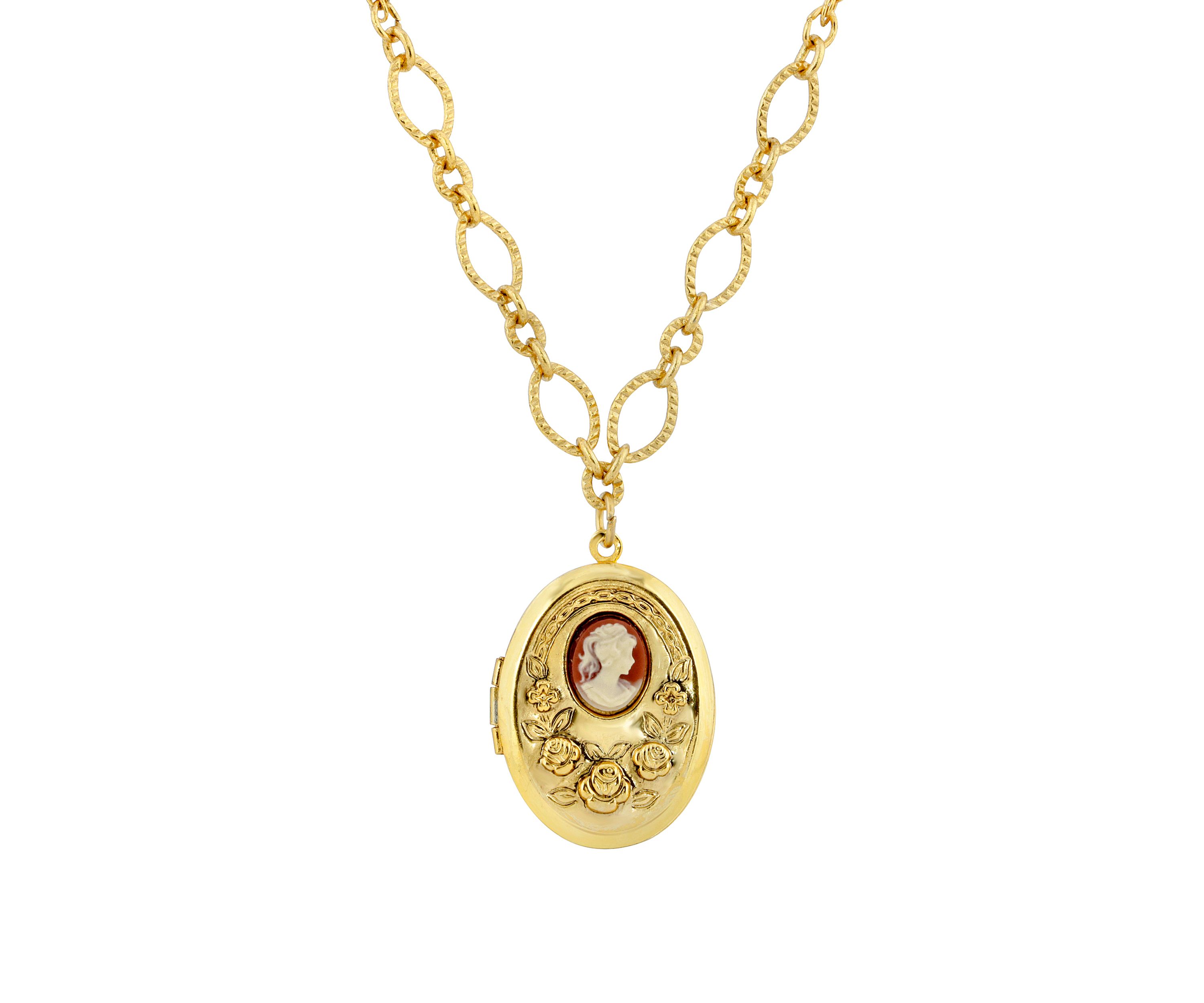 16 Inch Adjustable Gold Tone Carnelian Cameo with Flowers Oval Locket Necklace