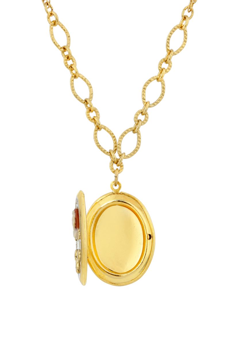 16 Inch Adjustable Gold Tone Carnelian Cameo with Flowers Oval Locket Necklace