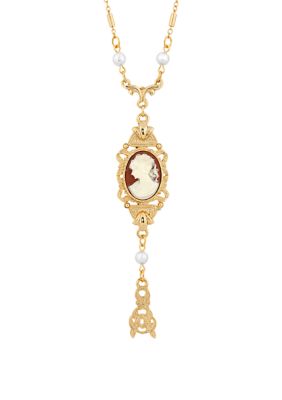 24 Inch Gold Tone Carnelian Oval Cameo with Faux Pearls Necklace