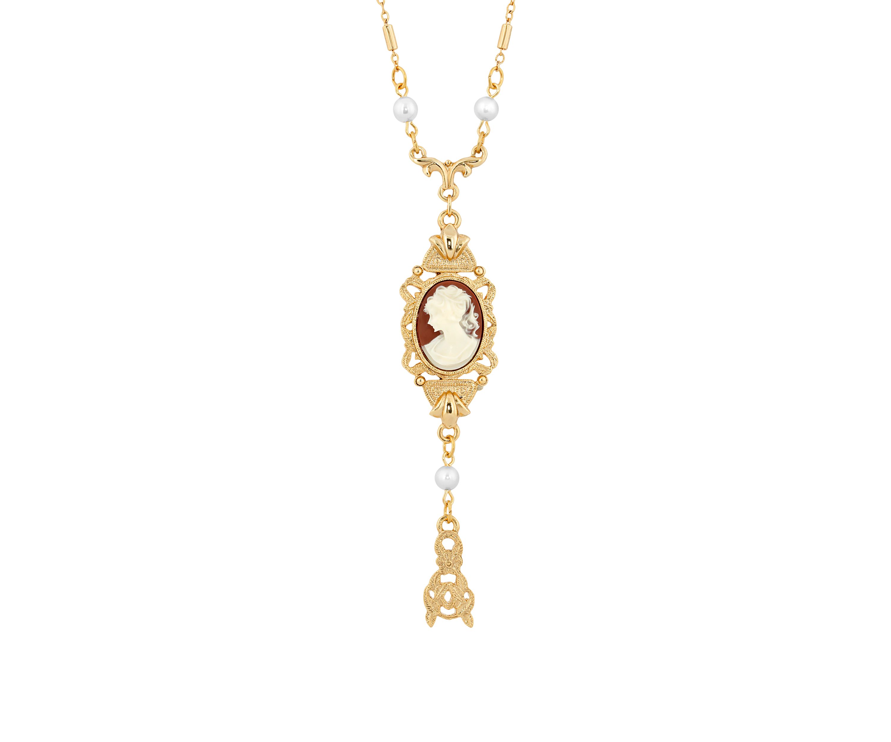 24 Inch Gold Tone Carnelian Oval Cameo with Faux Pearls Necklace