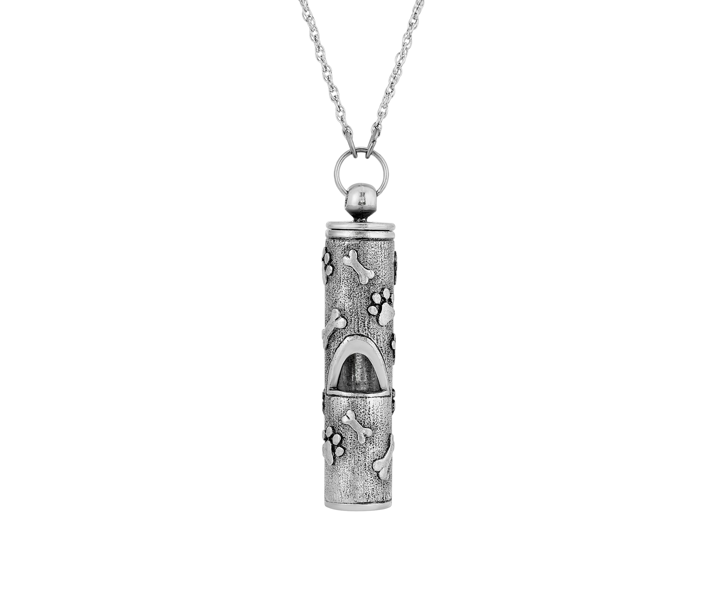 Pewter Dog Bone Paw Prints Whistle Necklace