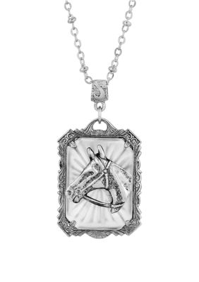 24 Inch Pewter Lalique Rectangle Horse Head Necklace