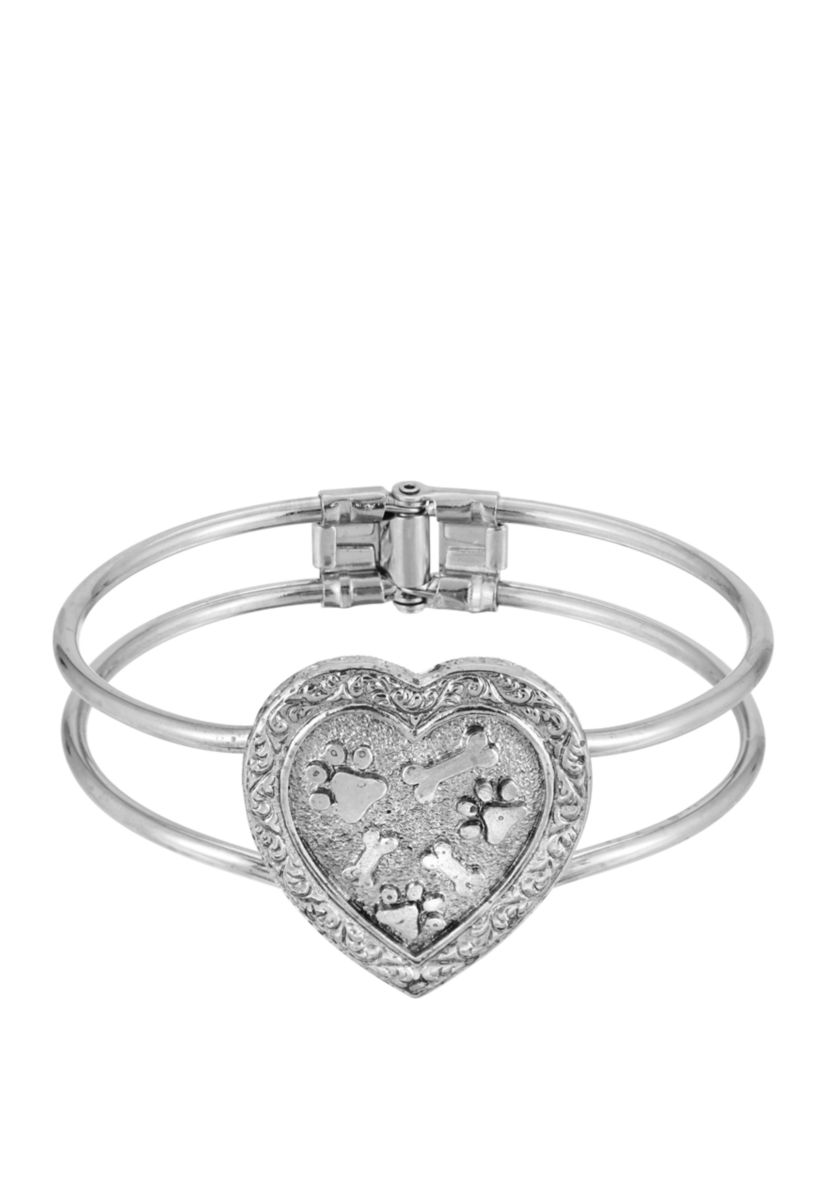 Pewter Heart Paws and Bones Cuff Bracelet
