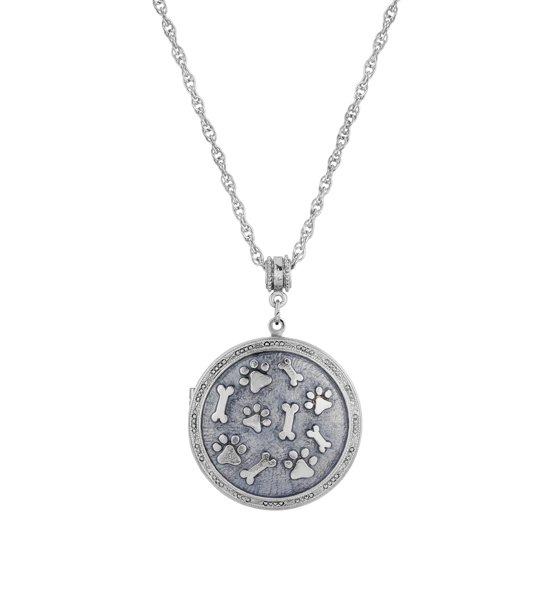 Silver Tone Blue Enamel Round Paw and Bones Necklace