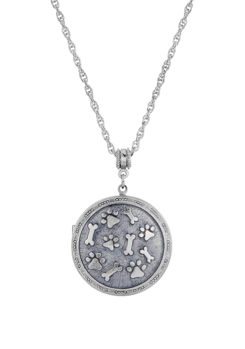 Silver Tone Blue Enamel Round Paw and Bones Necklace