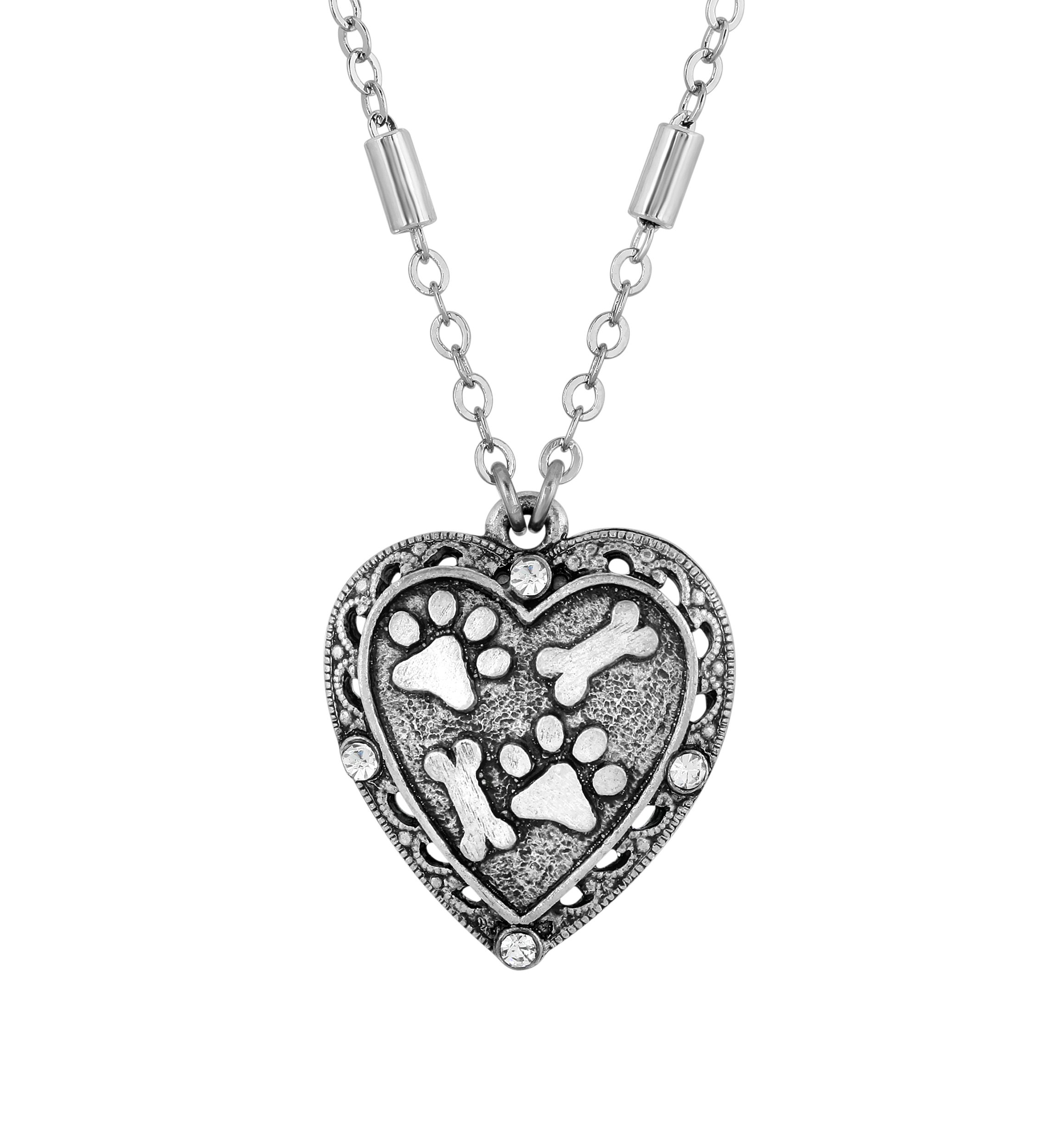 Silver Tone Heart Paw and Bones Necklace