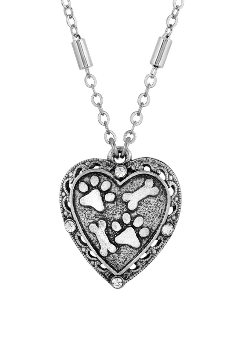Silver Tone Heart Paw and Bones Necklace