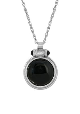 28 Inch Silver Tone Black Onyx Round Pendant Necklace