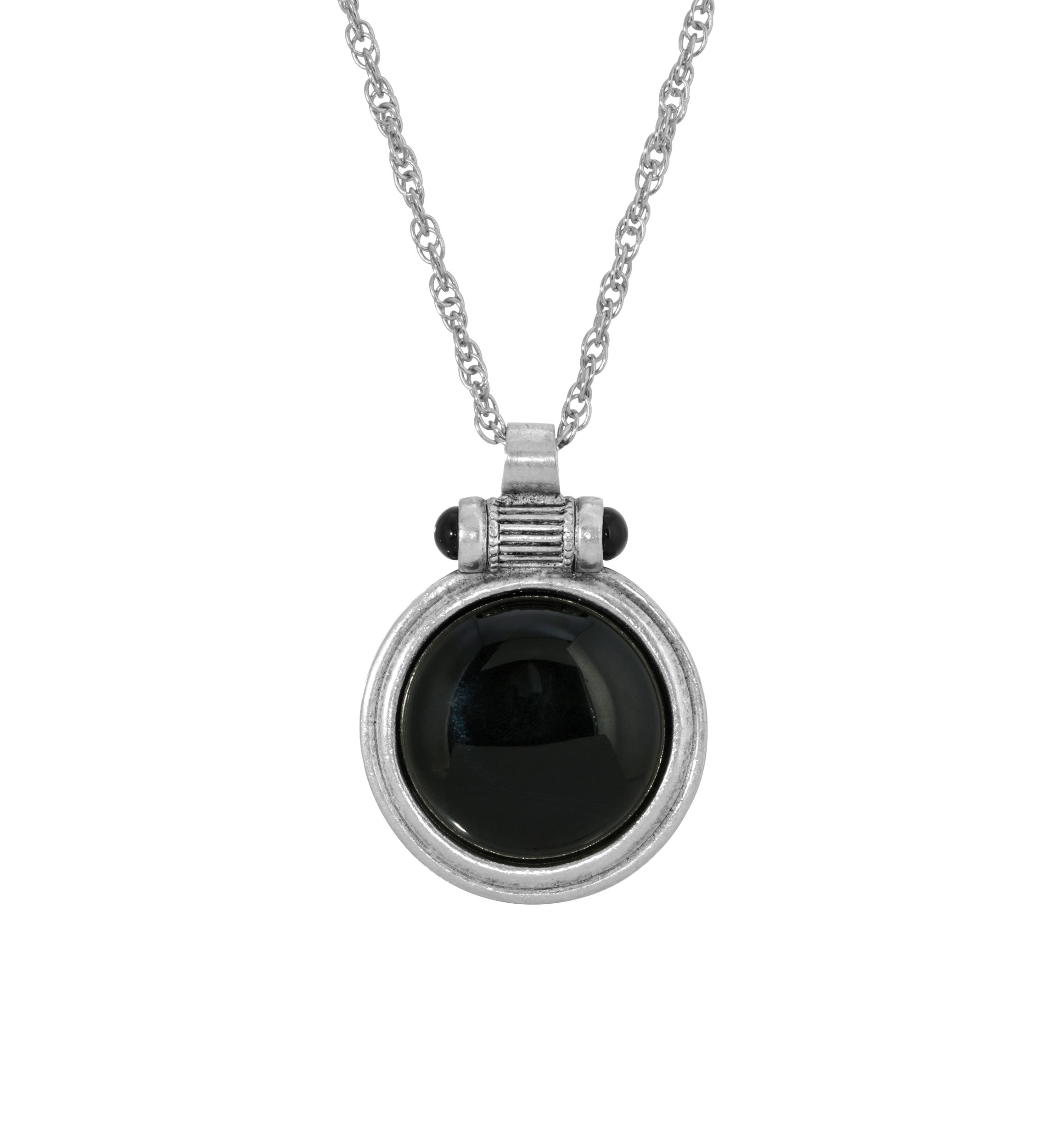 28 Inch Silver Tone Black Onyx Round Pendant Necklace