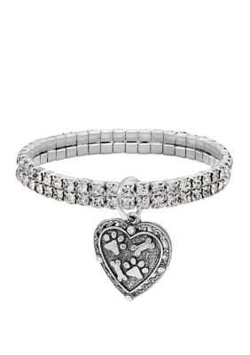 1928 Jewelry Silver Tone Two Row Crystal Stretch Bracelet with Paw and Bones Heart Charm