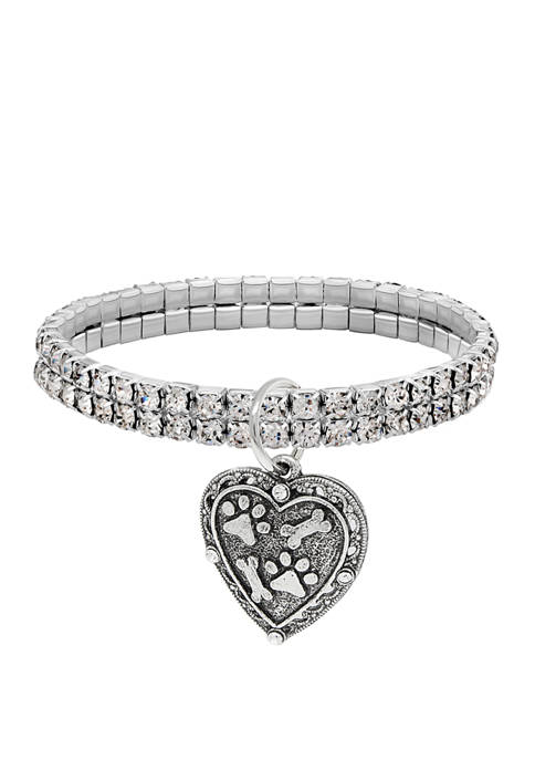 Silver Tone Two Row Crystal Stretch Bracelet with Paw and Bones Heart Charm