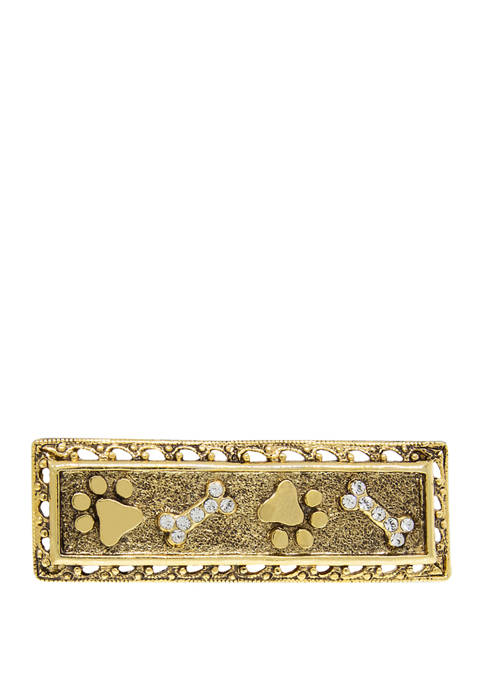 Gold Tone Crystal Paw and Bones Bar Pin
