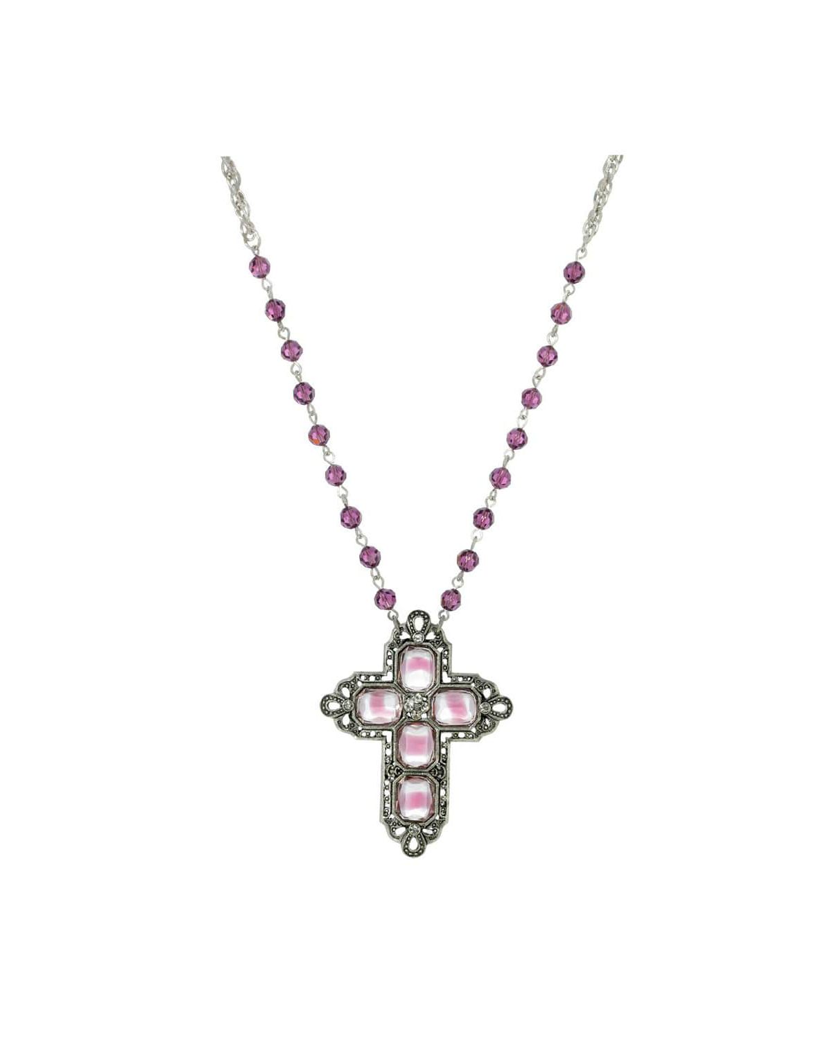 Pewter Rectangle Amethyst Color Crystal Cross Beaded Necklace 30 In.