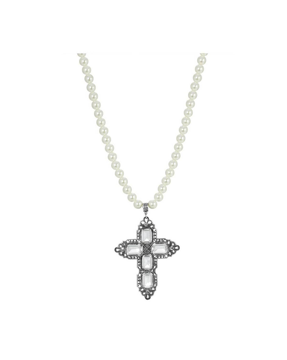 Pewter Rectange Clear Crystal Cross Pearl Necklace 18 In. Adj.