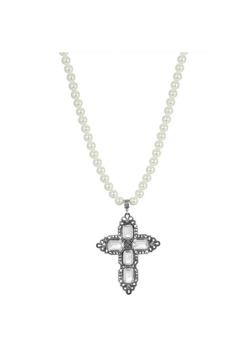 Pewter Rectange Clear Crystal Cross Pearl Necklace 18 In. Adj.