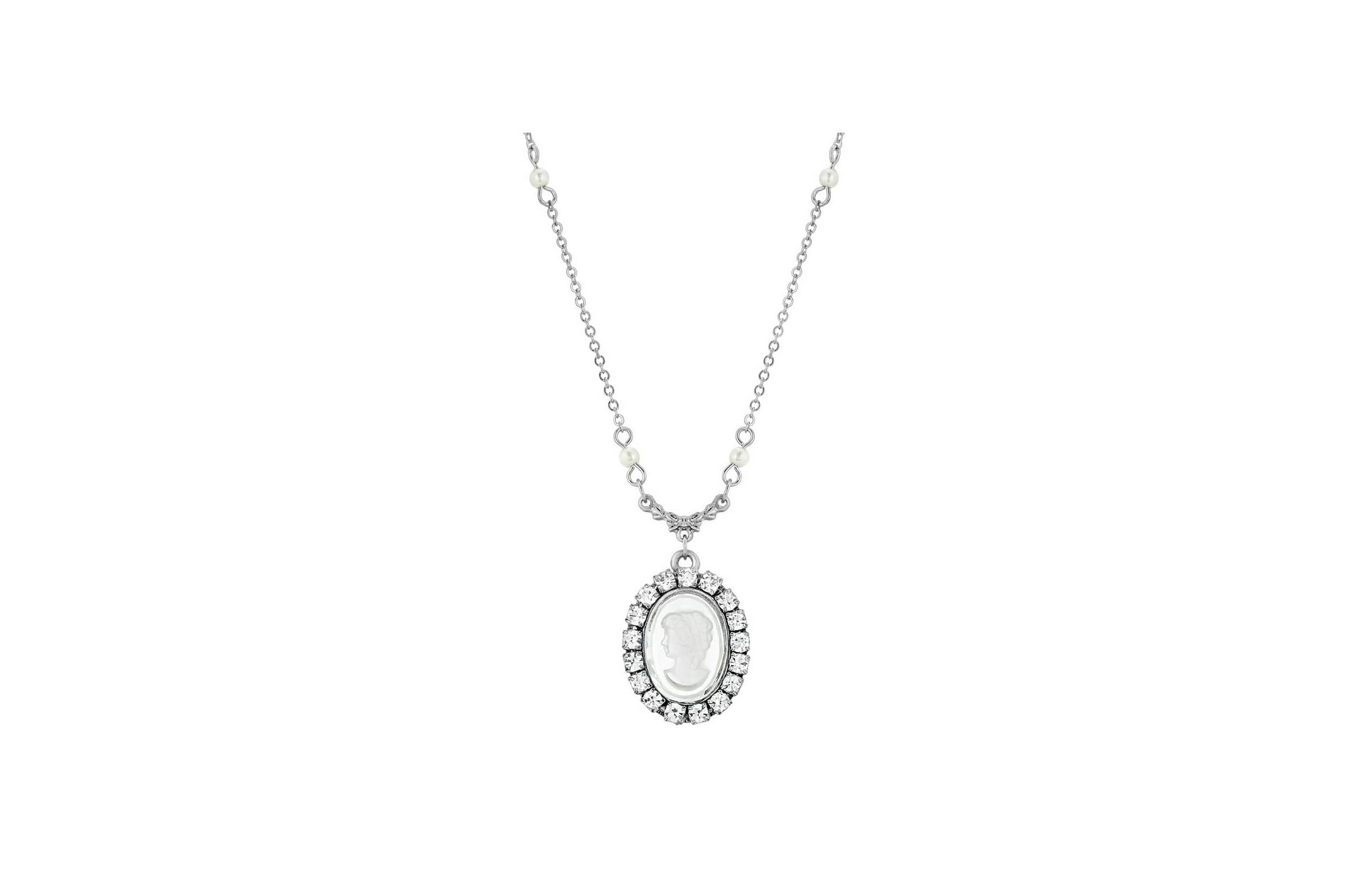 Silver Tone Oval Crystal Intaglio Pearl Necklace 16 In. Adj.