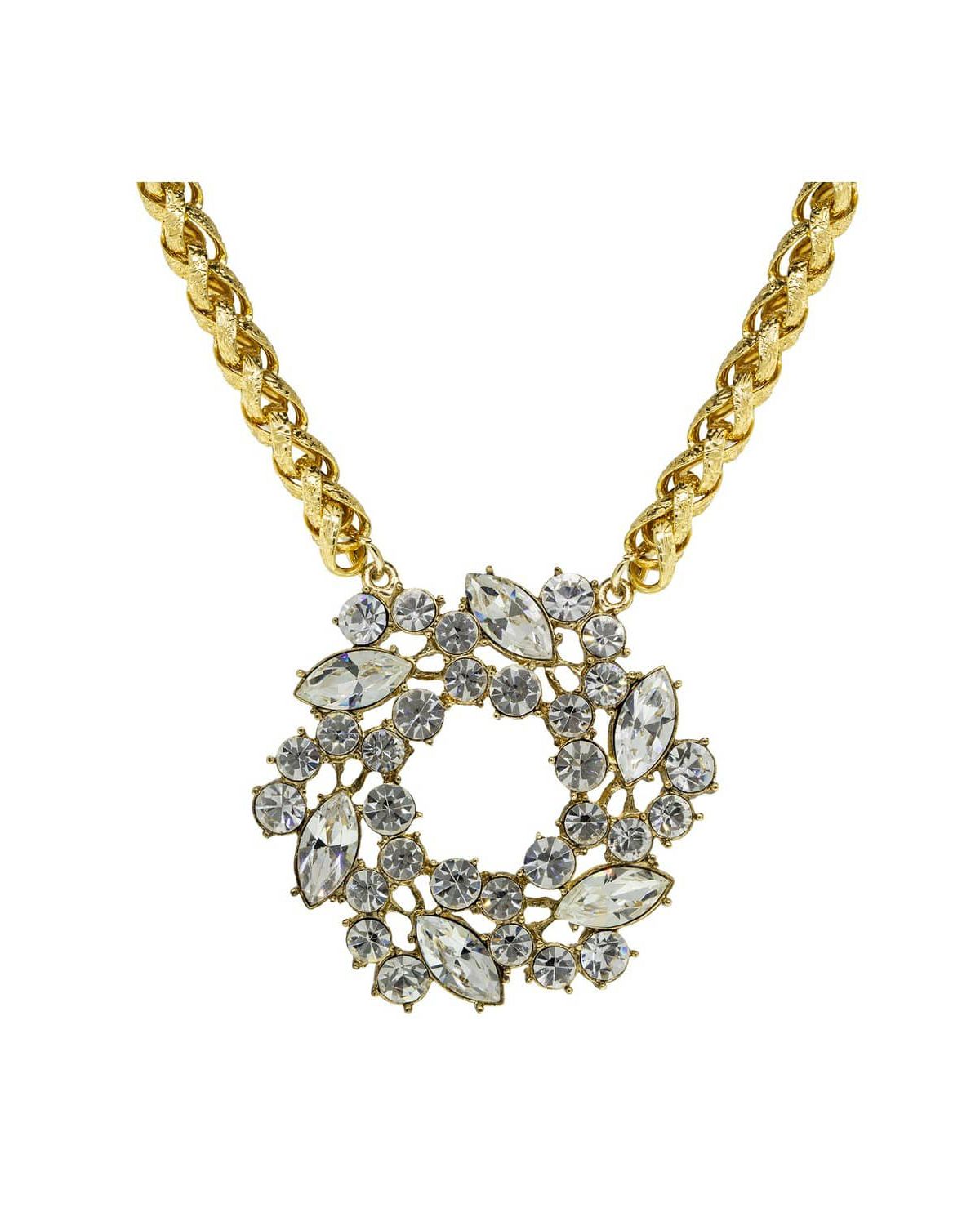 Gold Tone Crystal Brooch Pendant Necklace 16 In. Adj.