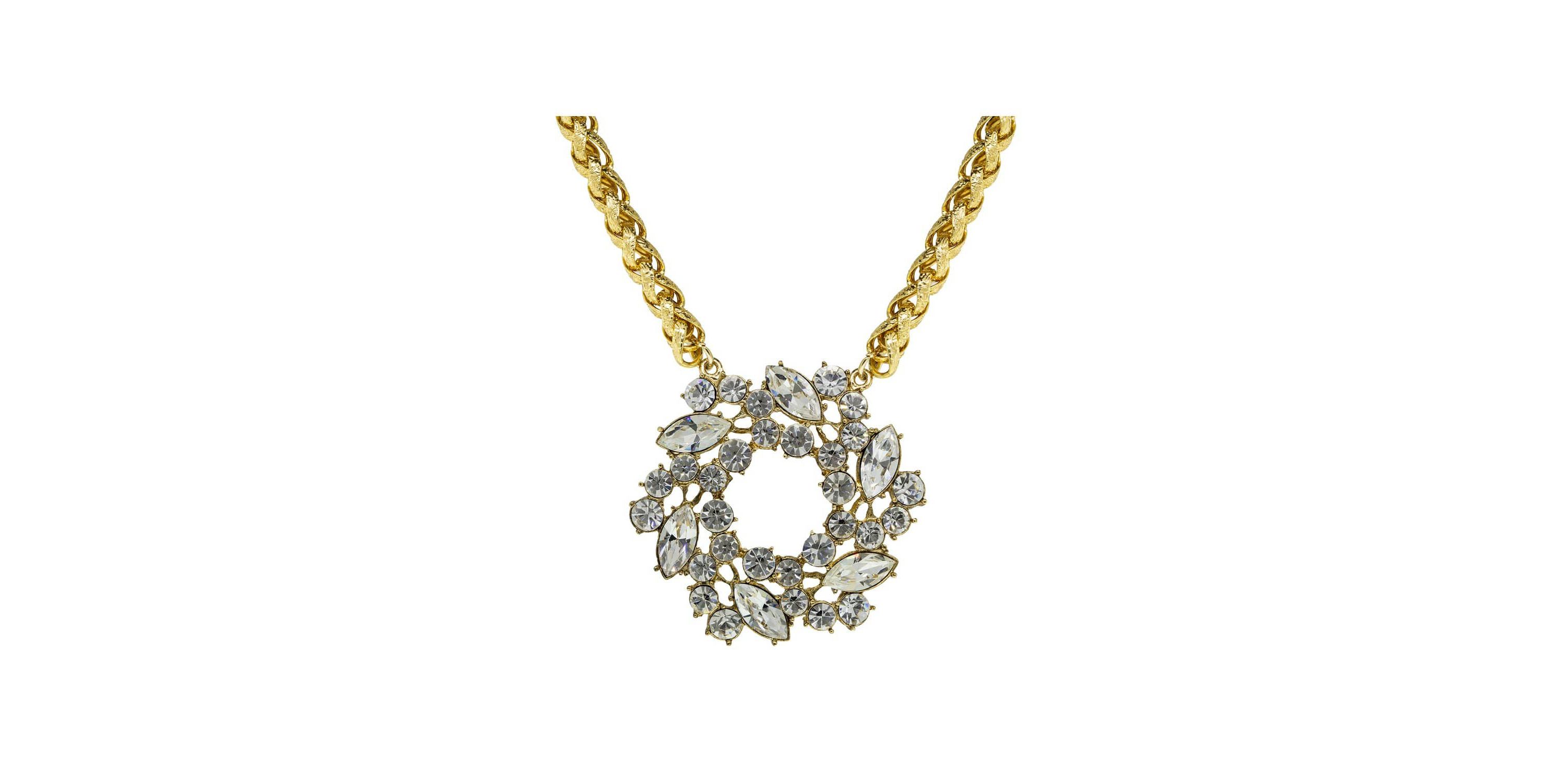 Gold Tone Crystal Brooch Pendant Necklace 16 In. Adj.