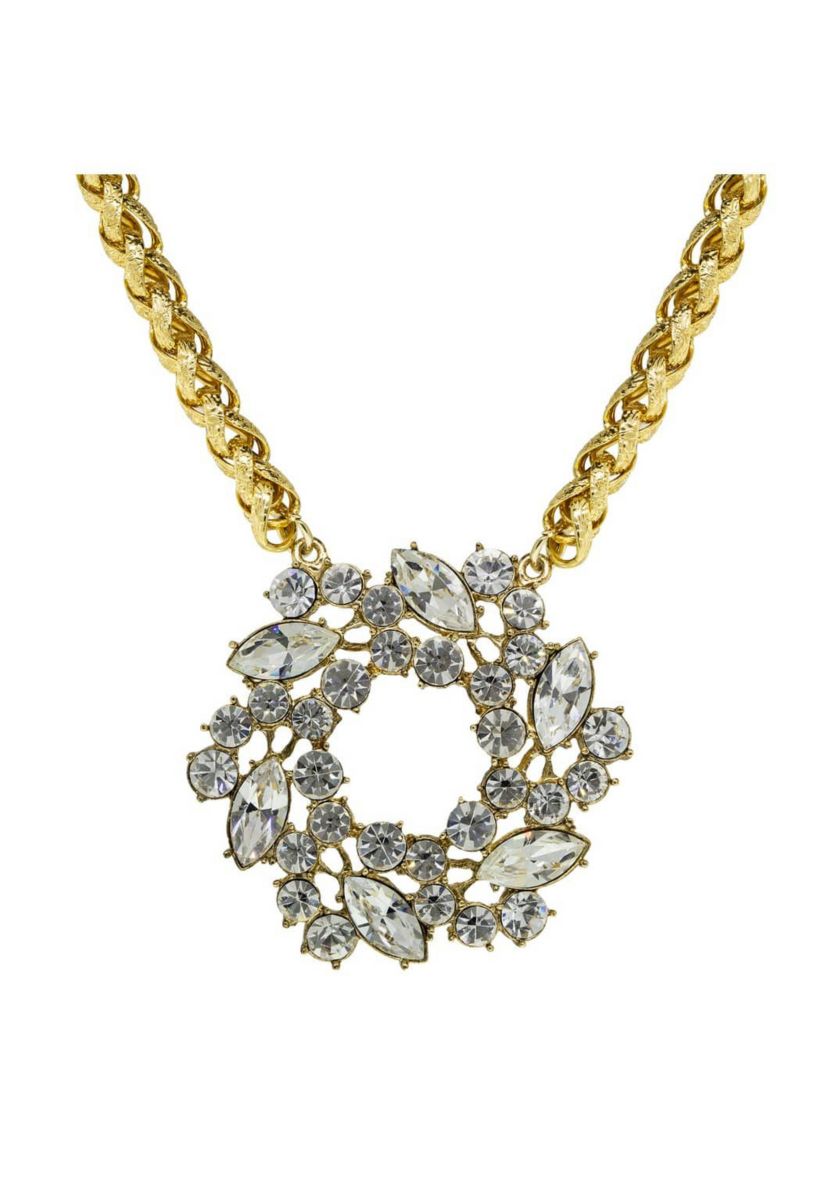Gold Tone Crystal Brooch Pendant Necklace 16 In. Adj.