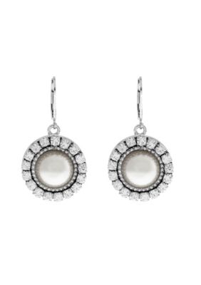 1928 Jewelry Silver Tone Round Crystal White Pearl Drop Earrings