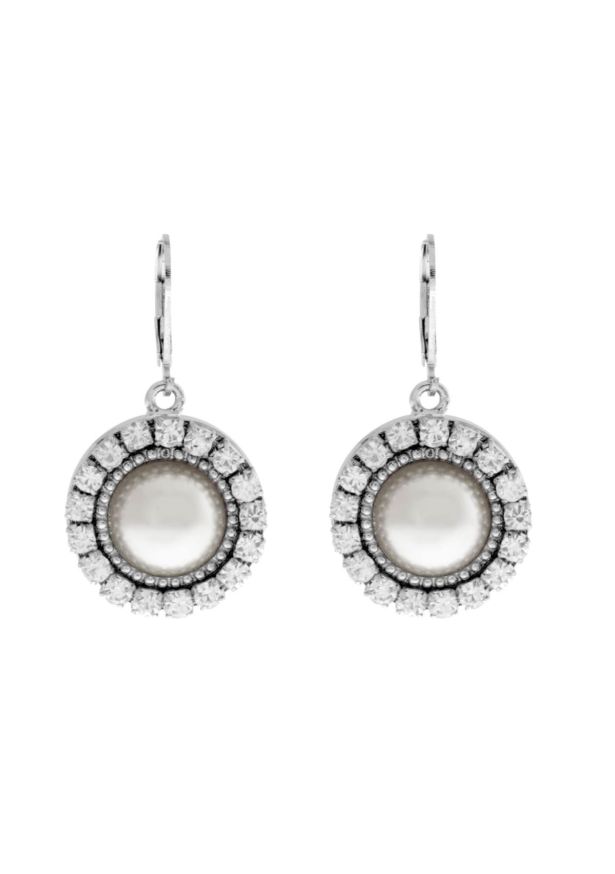 Silver Tone Round Crystal White Pearl Drop Earrings
