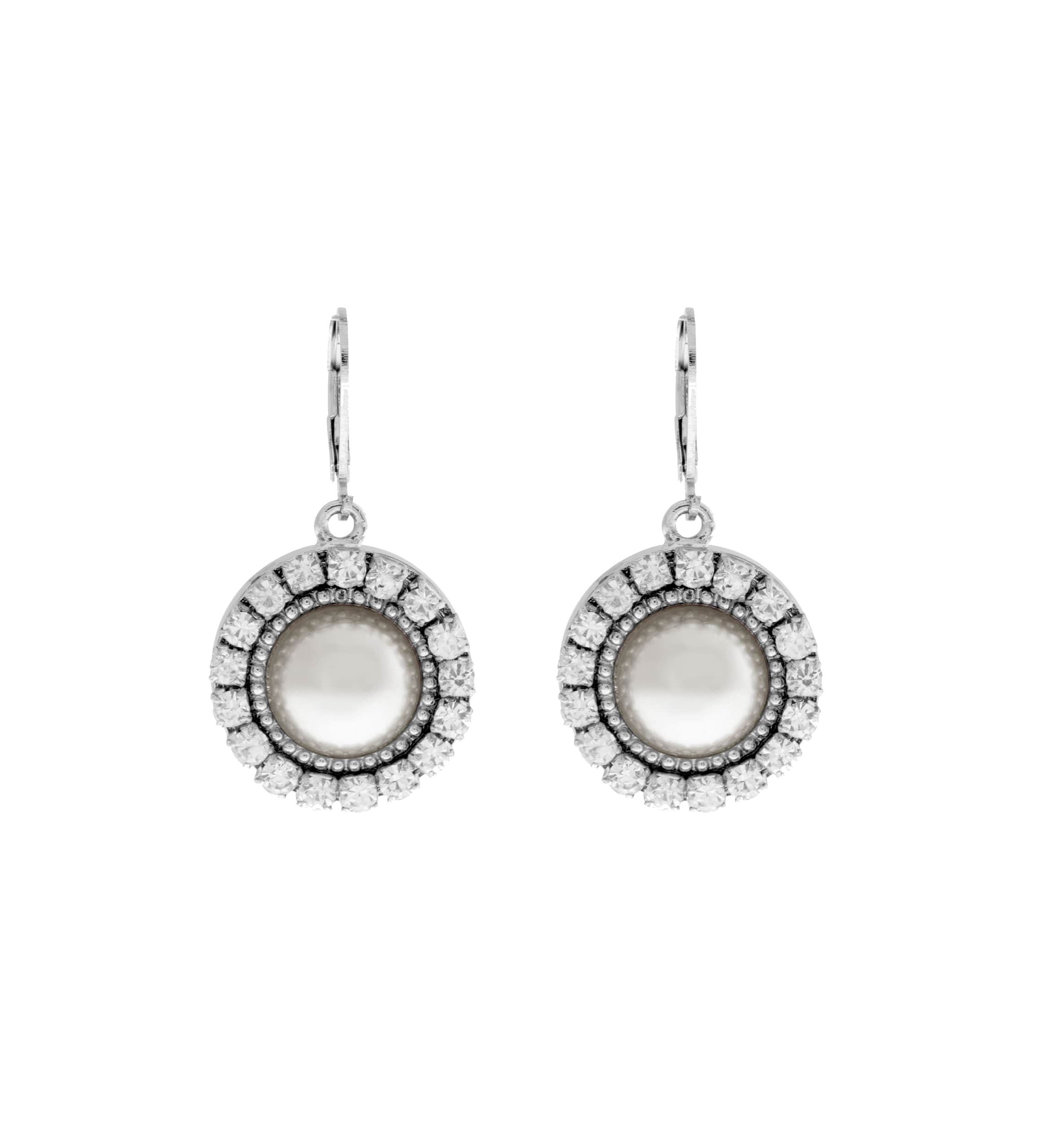 Silver Tone Round Crystal White Pearl Drop Earrings